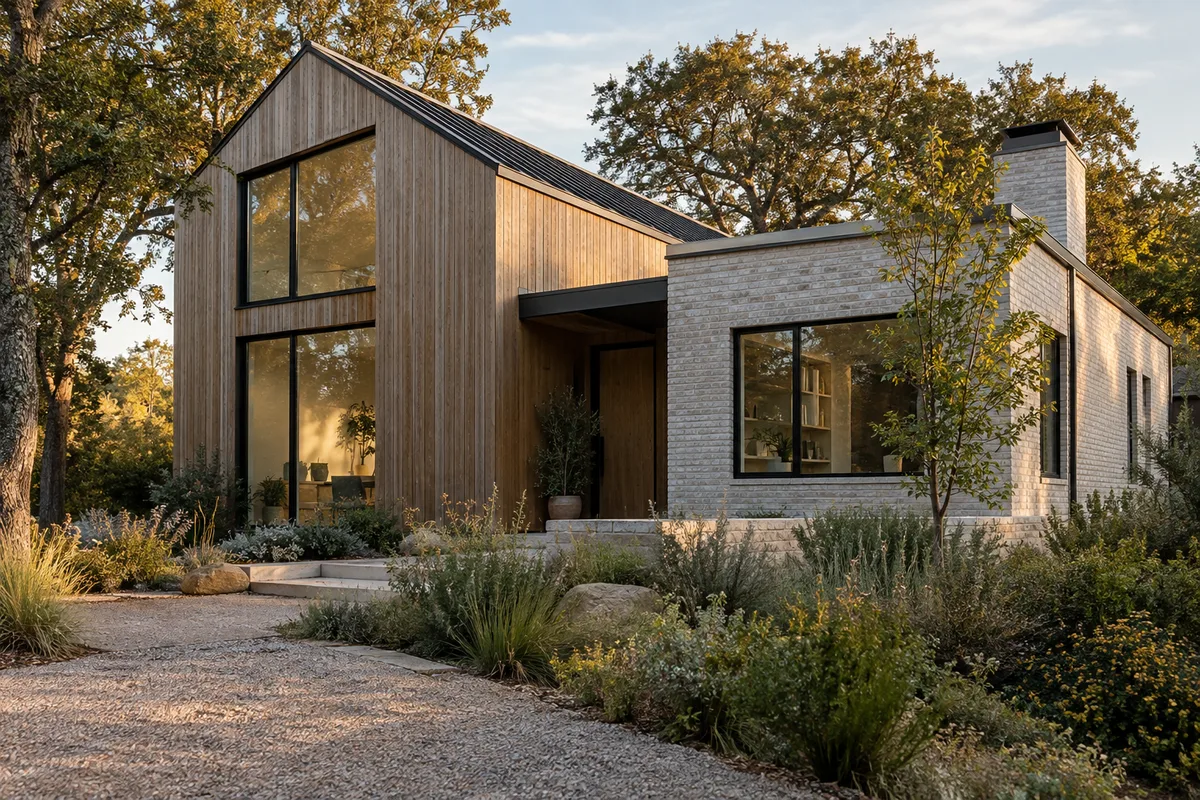 A timber-and-brick home with low garden planting.