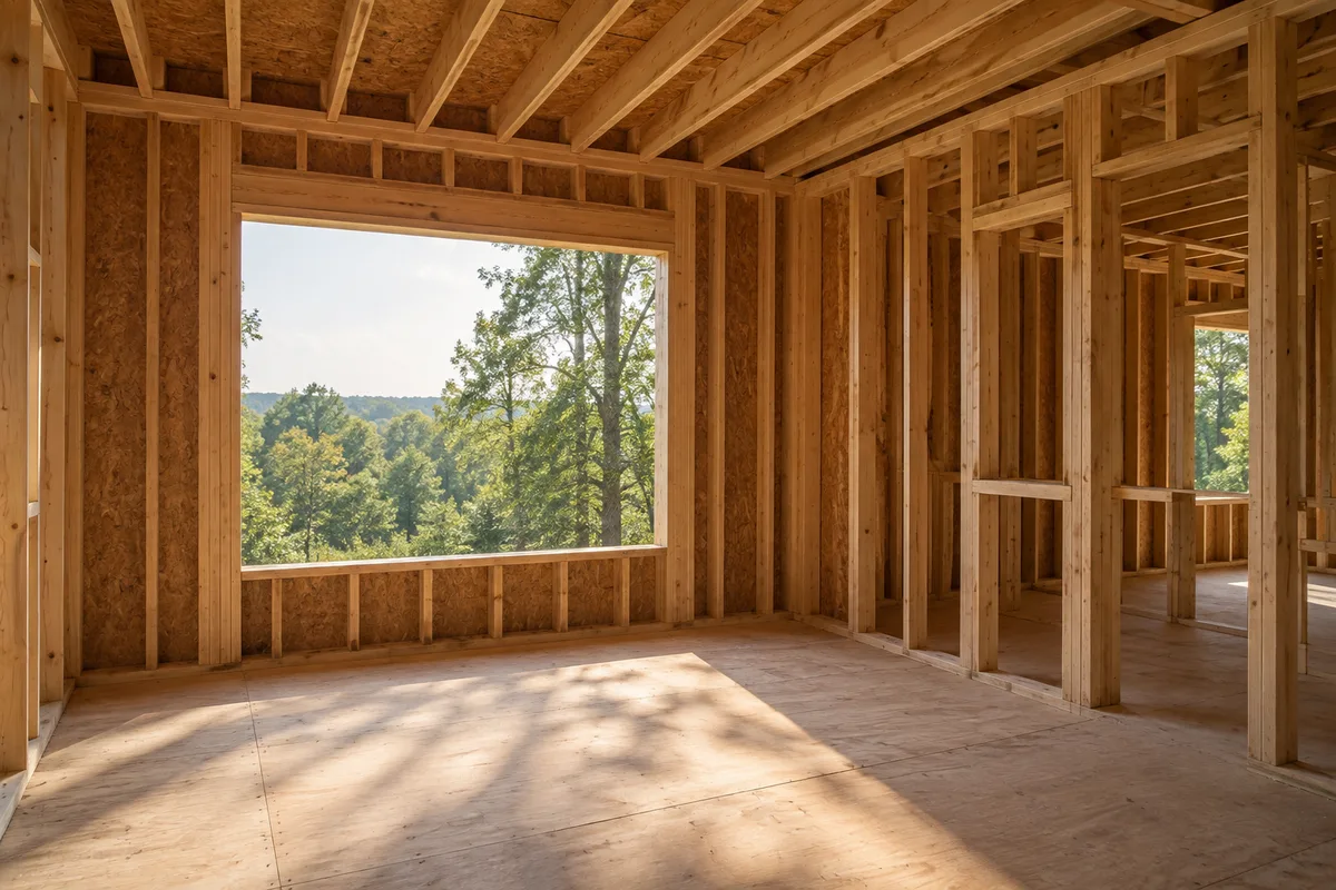 Timber framing and a large window opening in a house under construction.